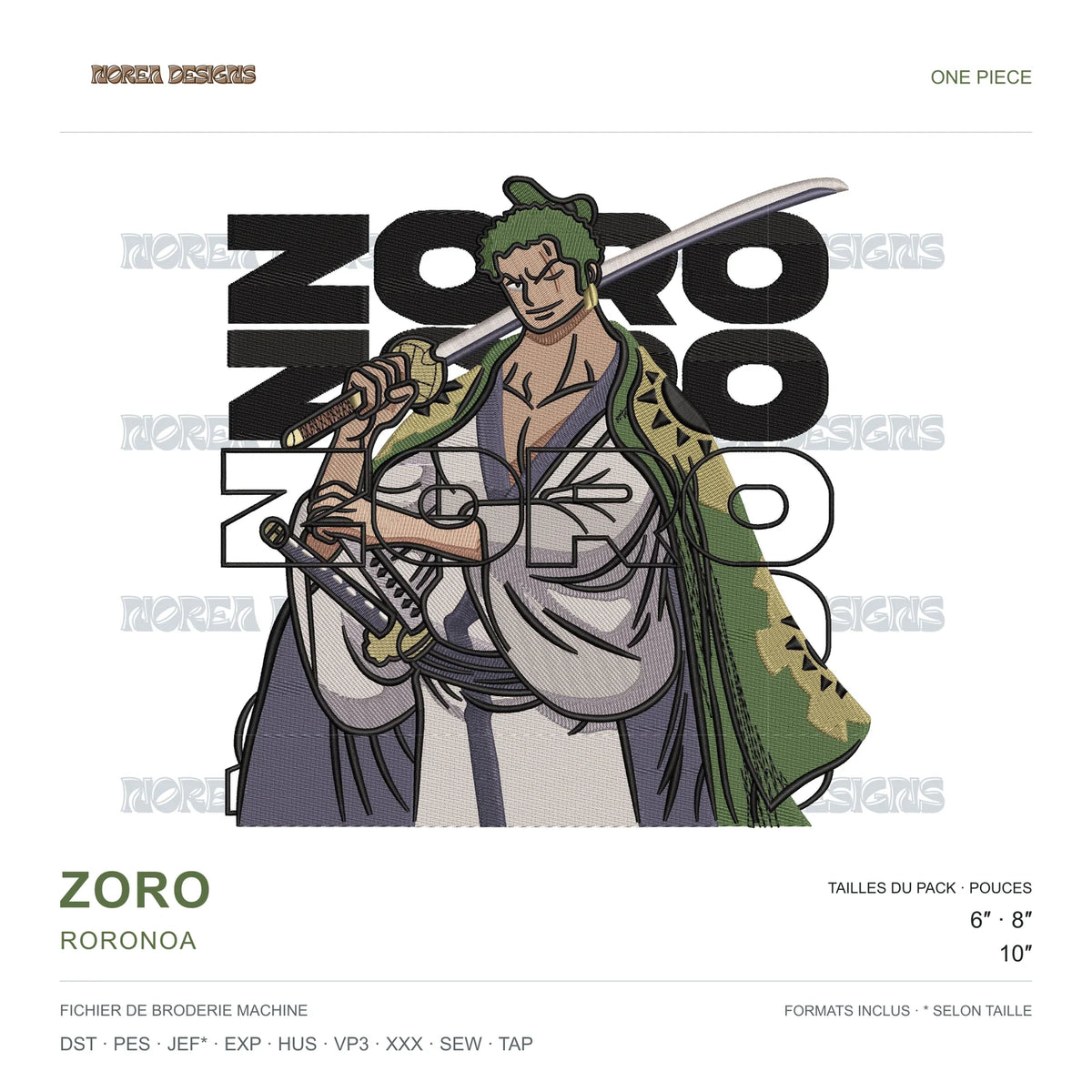 Zoro Roronoa — One Piece, simulated machine embroidery design preview