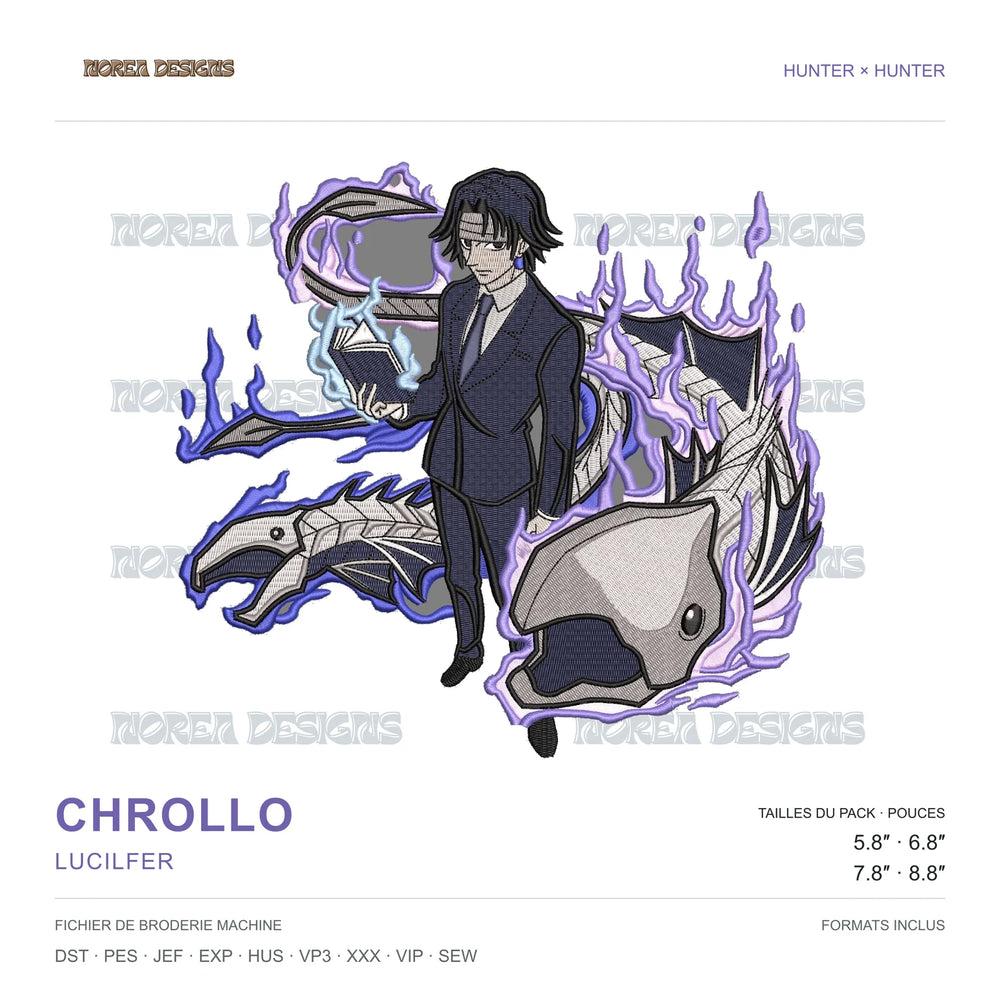Chrollo Lucilfer — Hunter × Hunter, simulated machine embroidery design preview