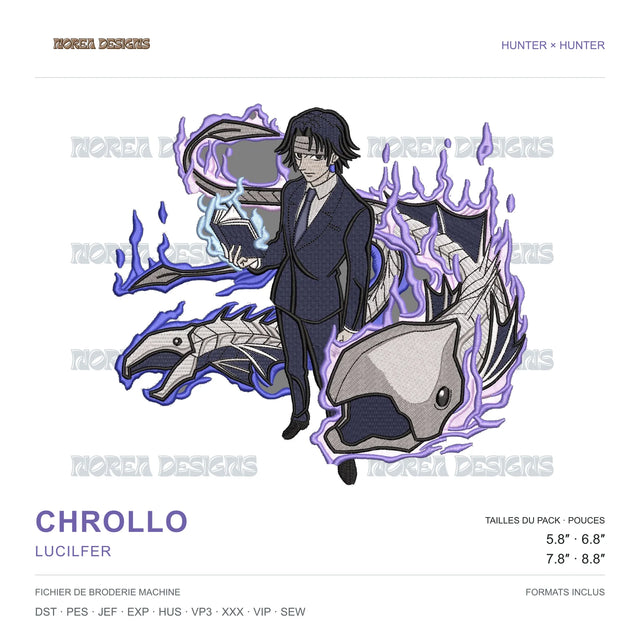 Chrollo Lucilfer — Hunter × Hunter, simulated machine embroidery design preview