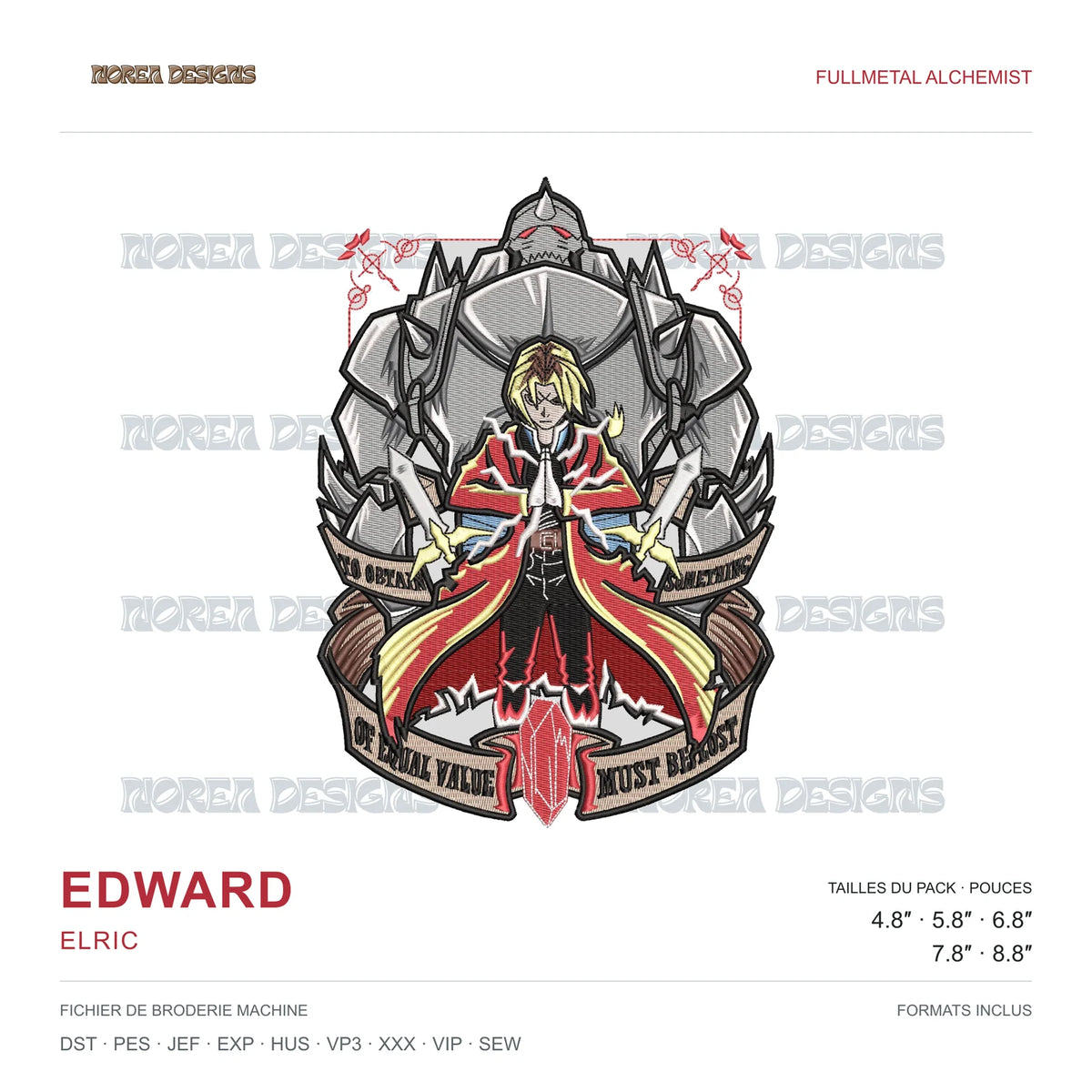 Edward Elric — Fullmetal Alchemist, simulated machine embroidery design preview