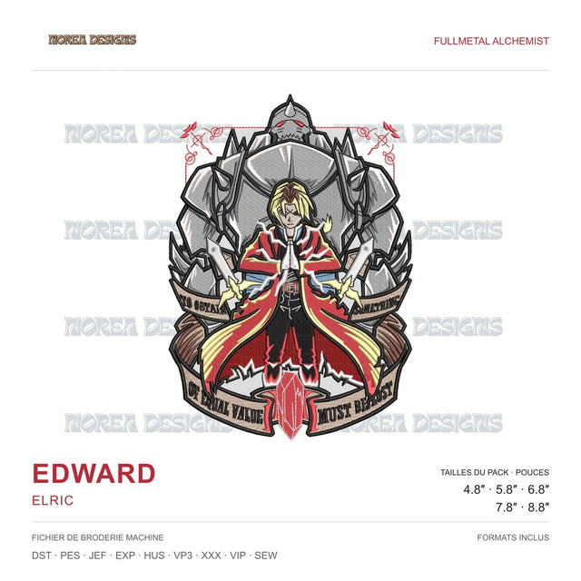 Edward Elric — Fullmetal Alchemist, simulated machine embroidery design preview