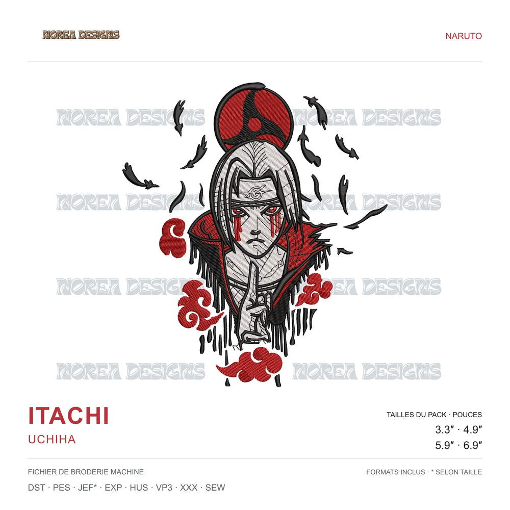 Itachi Uchiha — Naruto, simulated machine embroidery design preview