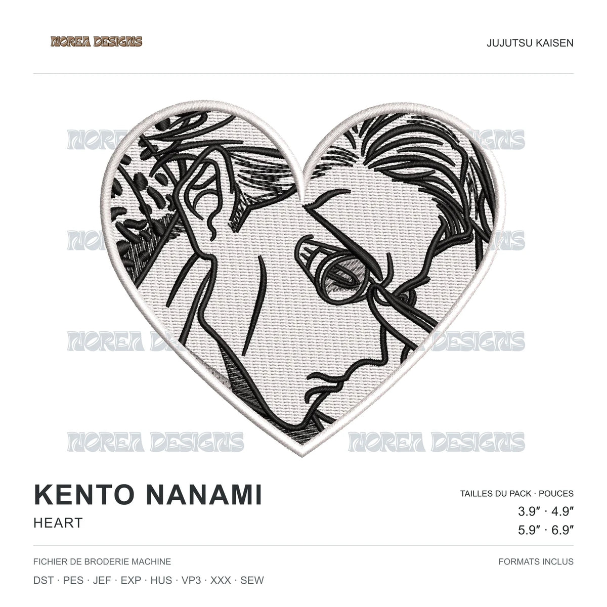 Kento Nanami — Heart — Jujutsu Kaisen, simulated machine embroidery design preview
