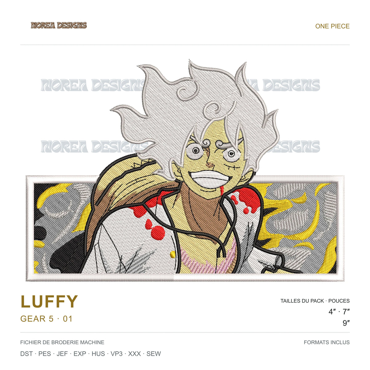 Luffy — Gear 5 · 01 — One Piece, simulated machine embroidery design preview