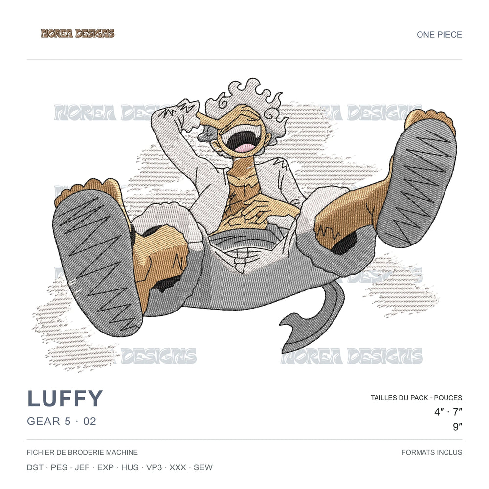 Luffy — Gear 5 · 02 — One Piece, simulated machine embroidery design preview