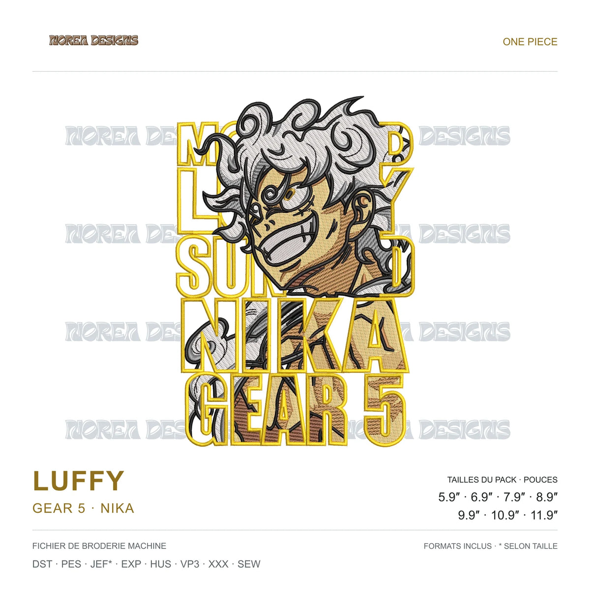 Luffy — Gear 5 · Nika — One Piece, simulated machine embroidery design preview