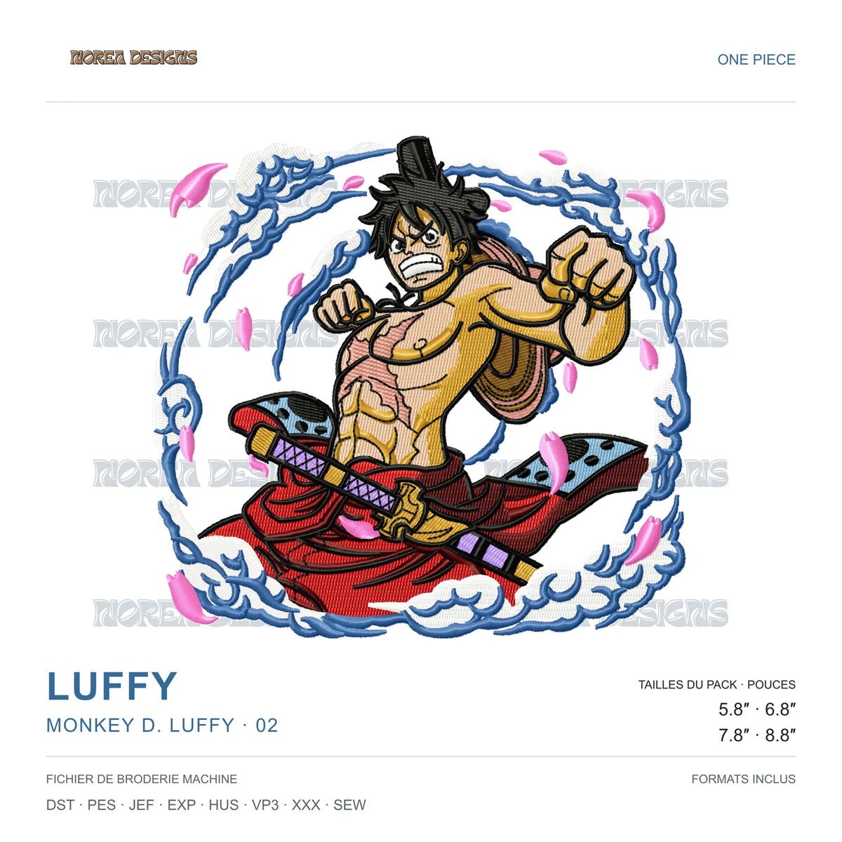 Monkey D. Luffy · 02 — One Piece, simulated machine embroidery design preview