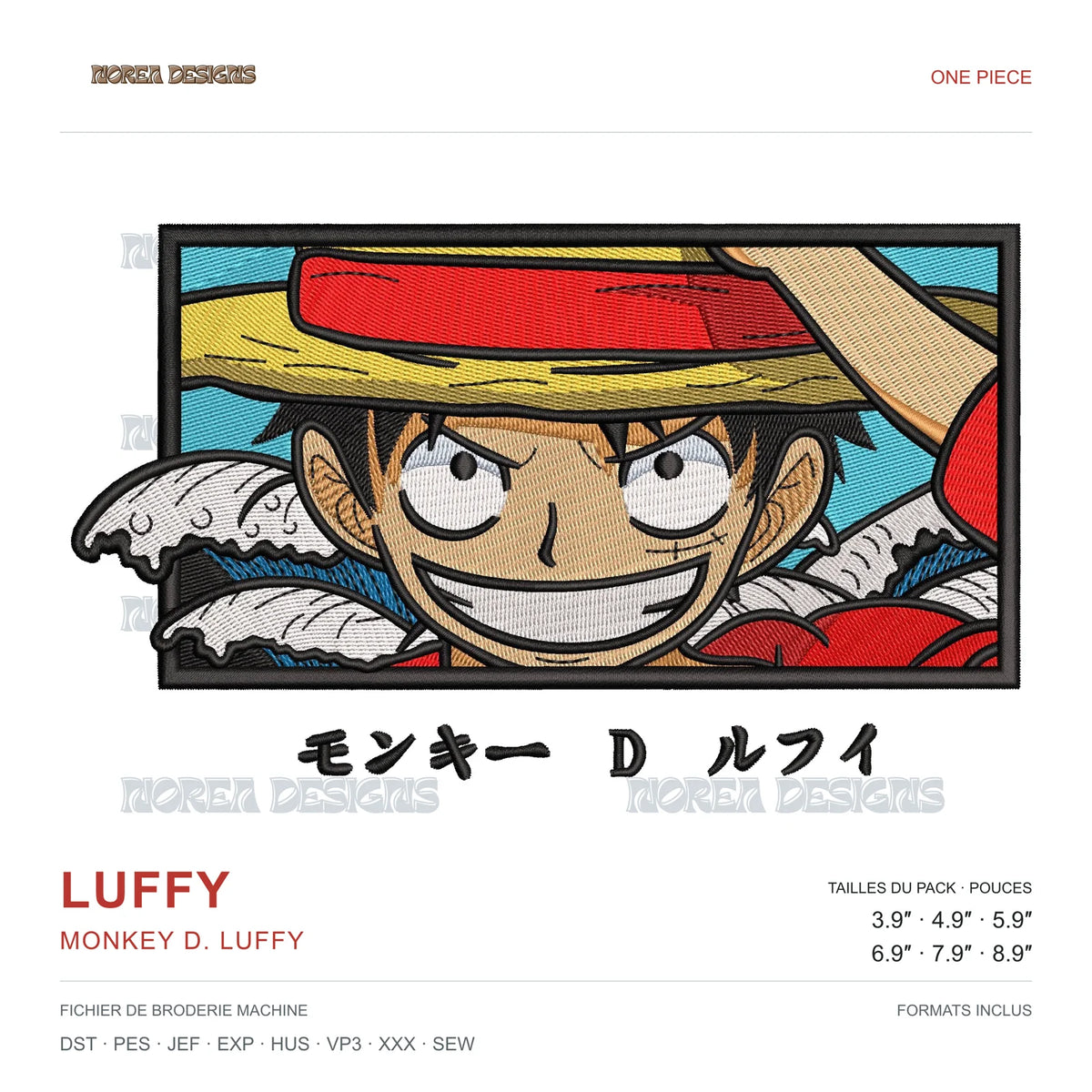 Monkey D. Luffy — One Piece, simulated machine embroidery design preview