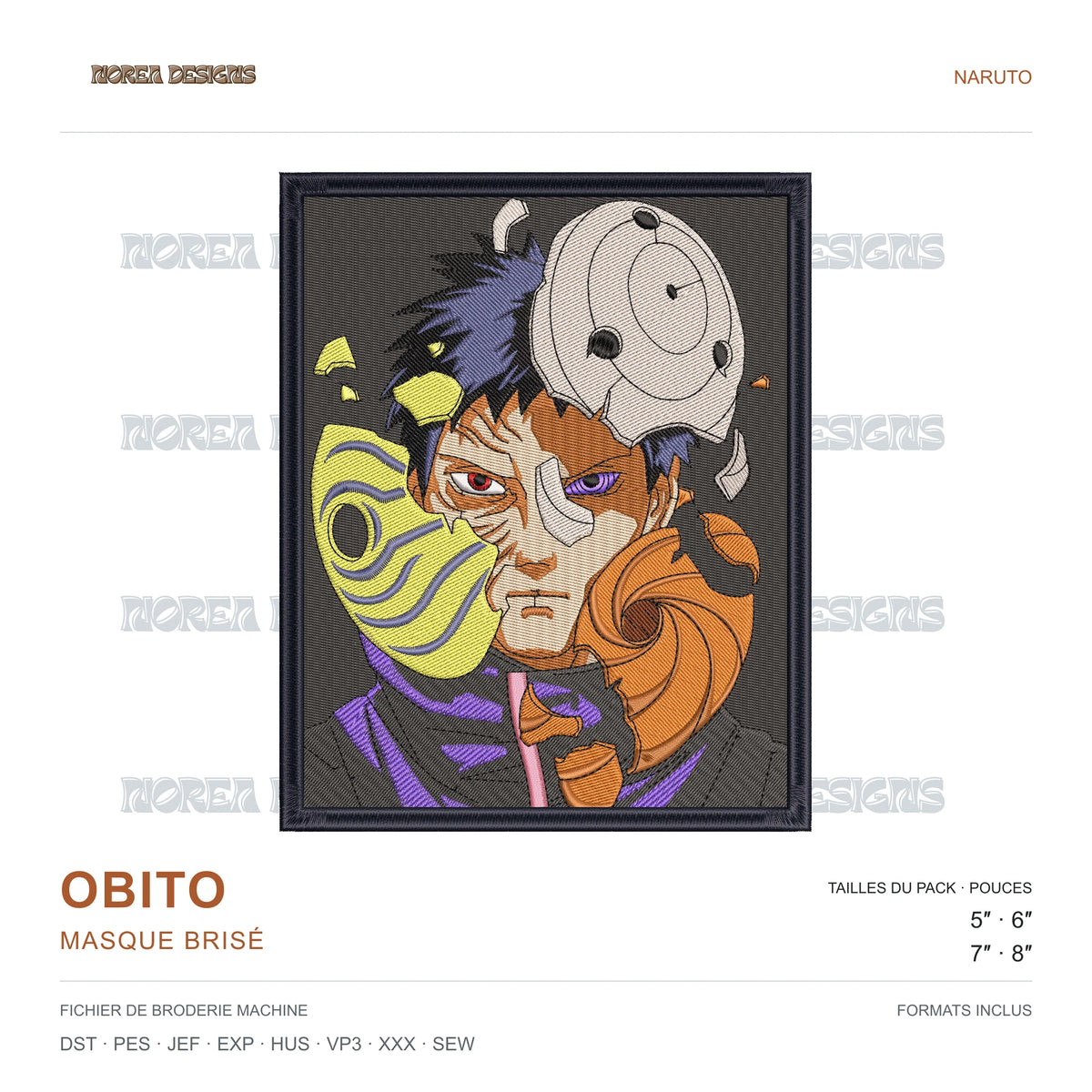 Obito — Broken Mask — Naruto, simulated machine embroidery design preview