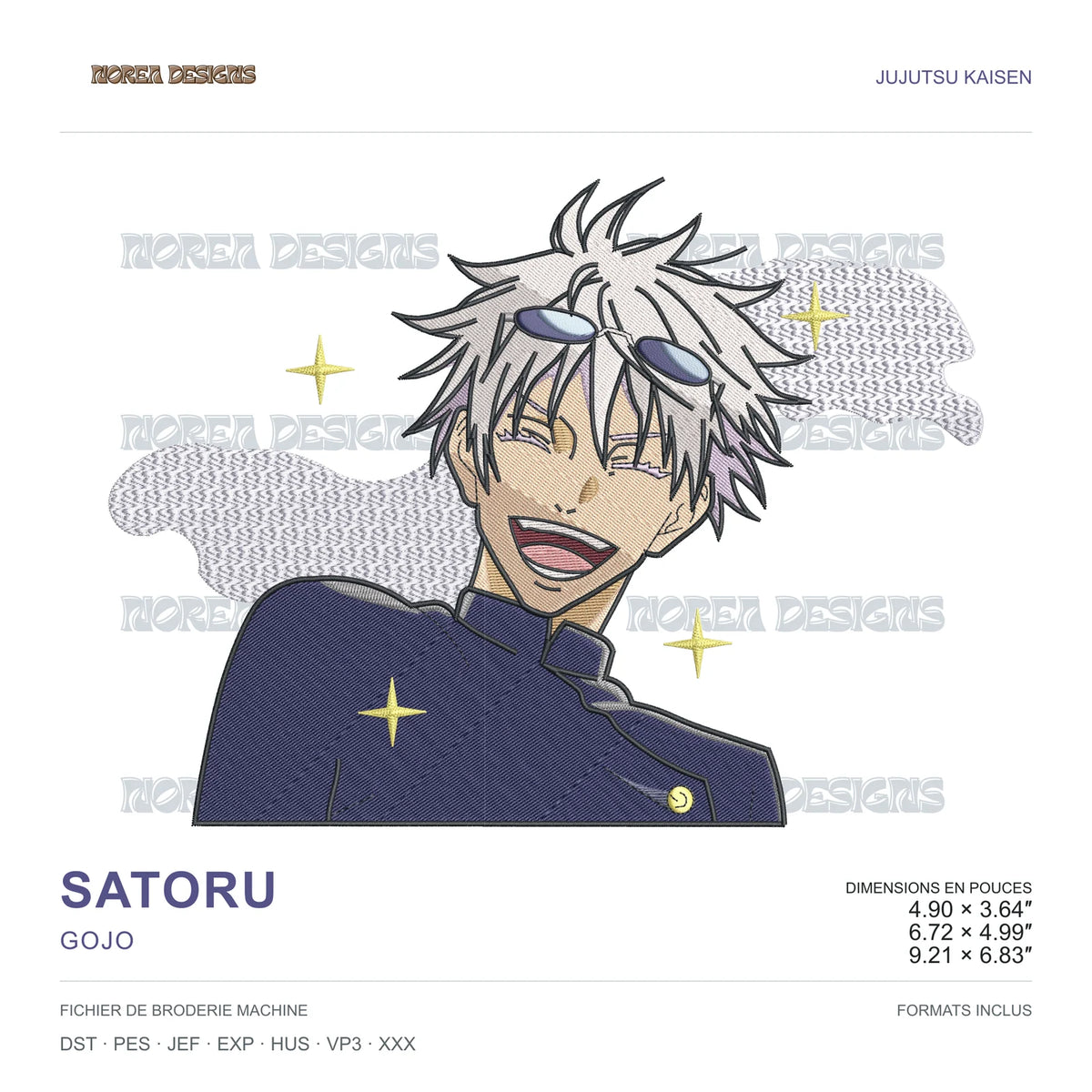Satoru Gojo — Jujutsu Kaisen, simulated machine embroidery design preview