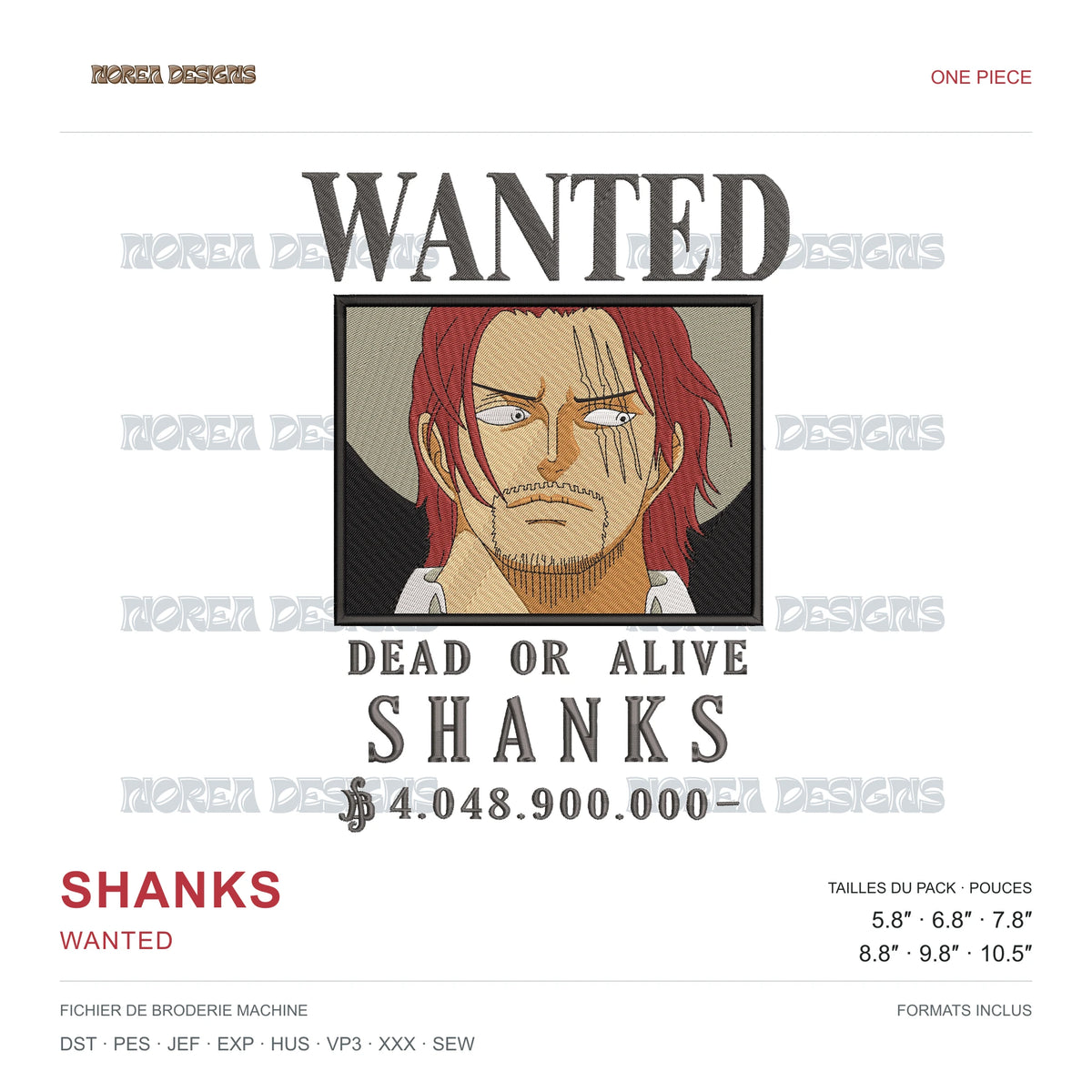 Shanks — Wanted — One Piece, simulated machine embroidery design preview
