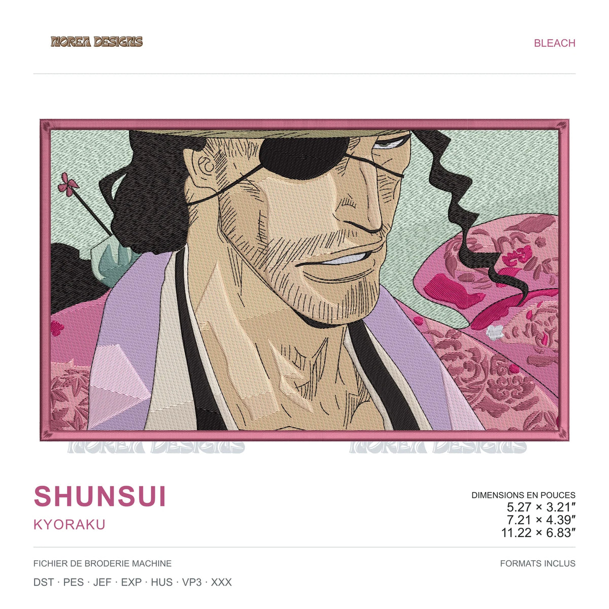 Shunsui Kyoraku — Bleach, simulated machine embroidery design preview