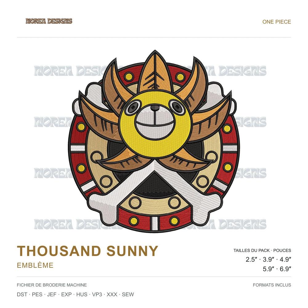 Thousand Sunny — Emblem — One Piece, simulated machine embroidery design preview