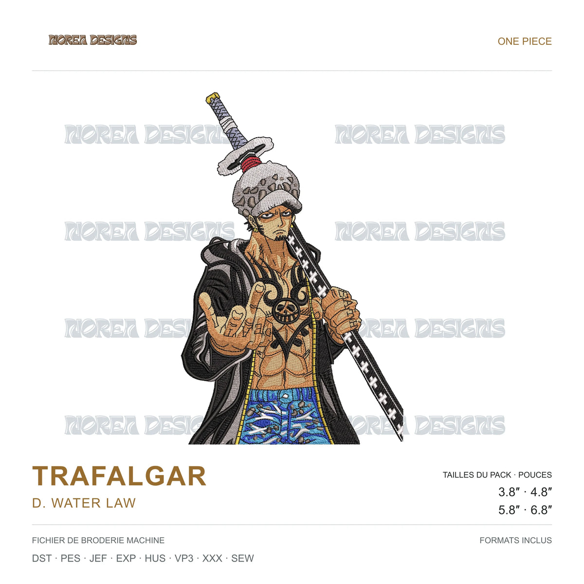 Trafalgar D. Water Law — One Piece, simulated machine embroidery design preview