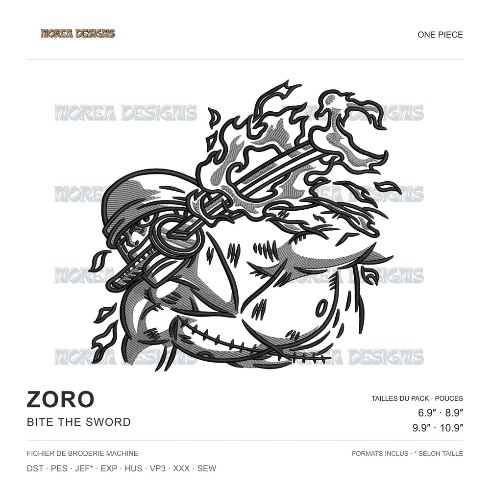 Zoro — Bite the Sword — One Piece, simulated machine embroidery design preview