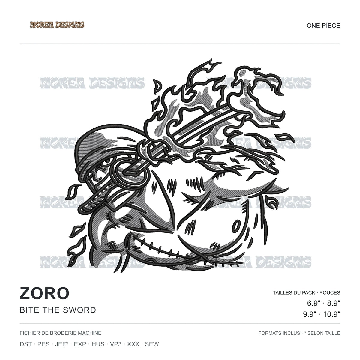 Zoro — Bite the Sword — One Piece, simulated machine embroidery design preview