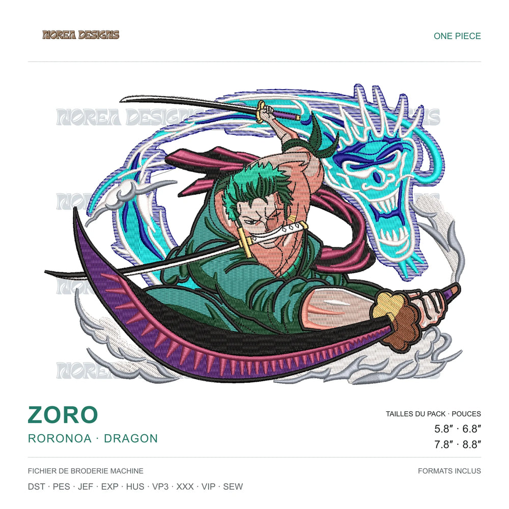 Zoro Roronoa — Dragon — One Piece, simulated machine embroidery design preview