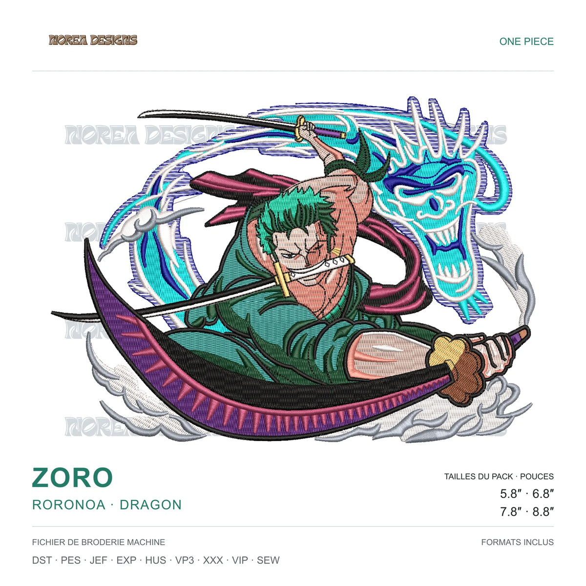 Zoro Roronoa — Dragon — One Piece, simulated machine embroidery design preview