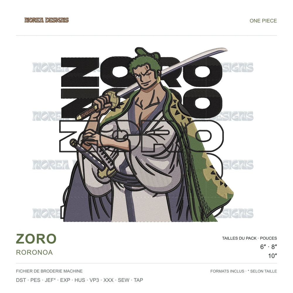 Zoro Roronoa — One Piece, simulated machine embroidery design preview