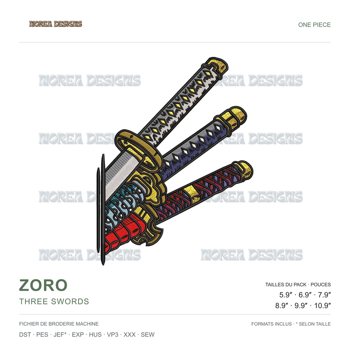 Zoro — Three Swords — One Piece, simulated machine embroidery design preview